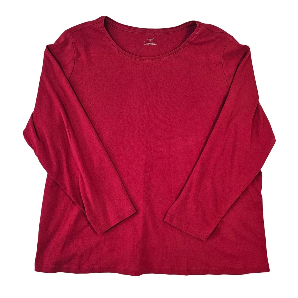 CJ Banks Womens 2X Red Long Sleeve Cotton Crew Neck Knit Tee Shirt Plus Size